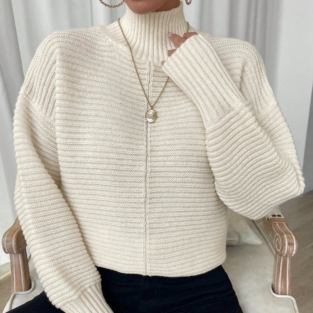 Apricot Casual Womens High Neck Drop Shoulder Split Hem Sweater - Picture 3 of 5